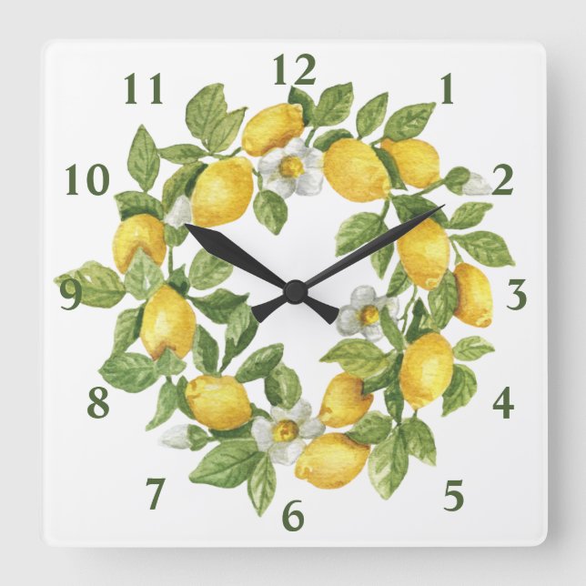 Lemons Wreath Green Yellow Quadratische Wanduhr (Vorderseite)