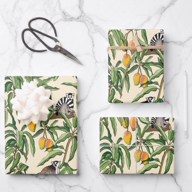 Lemuren und Zweige Mango nahtlose Muster Geschenkpapier Set (Vorderseite)