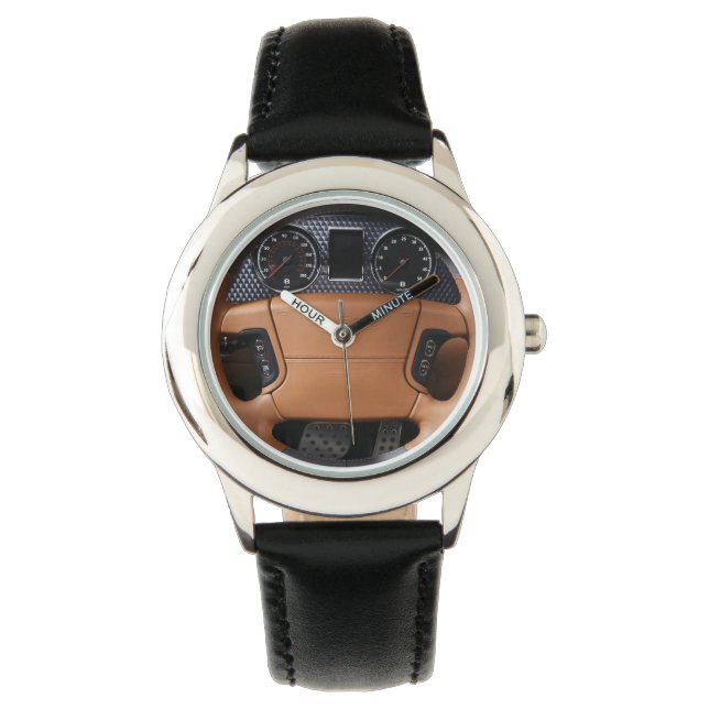 Lenkrad Braun Leder Stil Armbanduhr (Vorderseite)