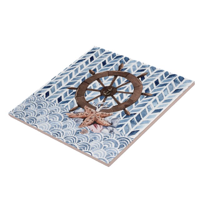 Lenkrad des Schiffes, Seesterne, nautisches Muster Fliese (Seite)