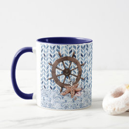 Lenkrad des Schiffes, Seesterne, nautisches Muster Tasse