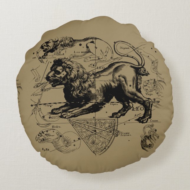 Leo Constellation Map Hevelius 1690 auf Taupe Rundes Kissen (Rückseite)