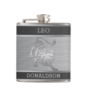 Leo der Löwe in Schwarz und Silver Mesh Flachmann