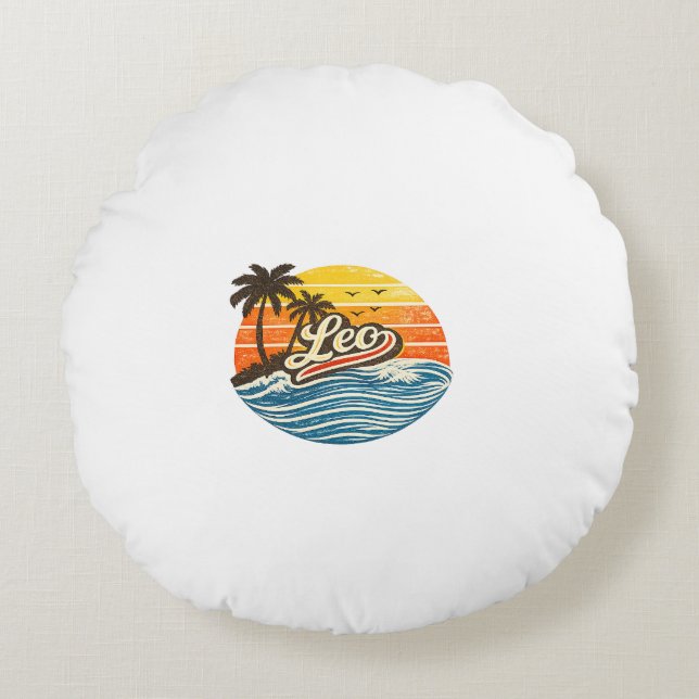 Leo Retro Sunset Name Design Rundes Kissen (Vorderseite)