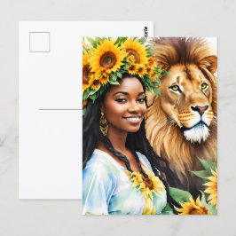 Leo Schwarze Frau mit Sonnenblumen und Löwen Postkarte