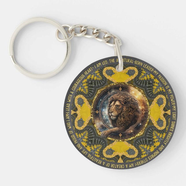 Leo Sign Affirmations Gold Yellow Fraktal Mandala Schlüsselanhänger (Vorderseite)
