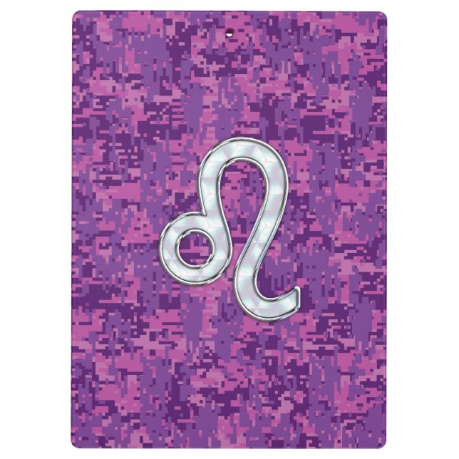 Leo Sign auf Pink Fuchsia Digital Camouflage Klemmbrett (Rückseite)