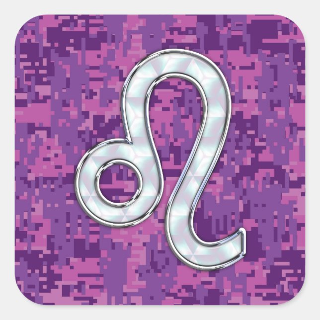 Leo Sign auf Pink Fuchsia Digital Camouflage Quadratischer Aufkleber (Vorderseite)