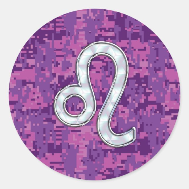 Leo Sign auf Pink Fuchsia Digital Camouflage Runder Aufkleber (Vorderseite)