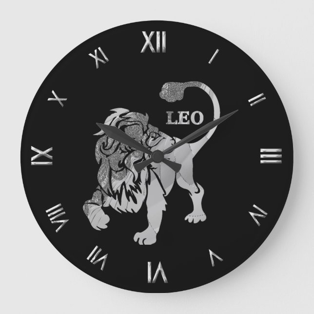 Leo Silver Zodiac Symbol Wall Clock Große Wanduhr (Vorderseite)