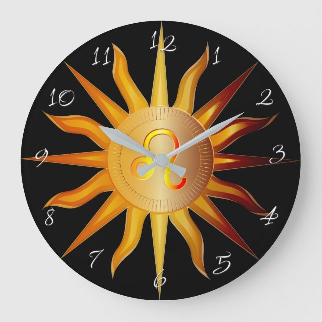 Leo Sun Fire Sign Birth Monat Black Red & Gold Große Wanduhr (Vorderseite)