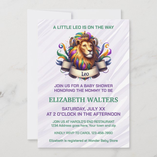Leo Zodiac Baby Shower Lavender and Green Einladung (Vorderseite)