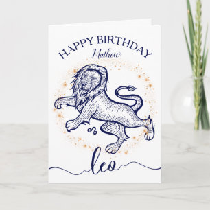 Leo Zodiac Marine & Gold Monochrome Carte d'annive
