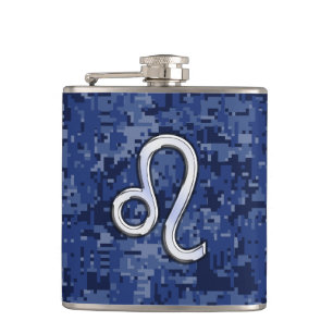 Leo Zodiac Sign auf Blue Digital Camouflage Flachmann