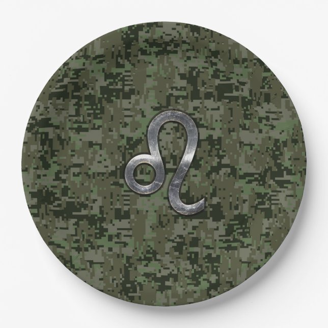 Leo Zodiac Sign auf der Olive Green Digital Camouf Pappteller (Vorderseite)
