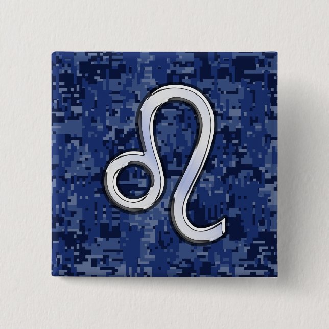 Leo Zodiac Sign auf Navy Blue Digital Camouflage Button (Vorderseite)