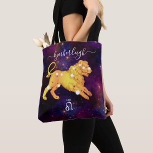 Leo Zodiac Sign Cosmic Monogram Name Gold Lila Tasche