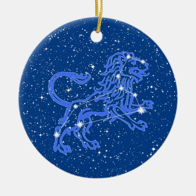 Leo Zodiac Sign mit Sternen auf Deep Blue Keramik Ornament (Vorne)
