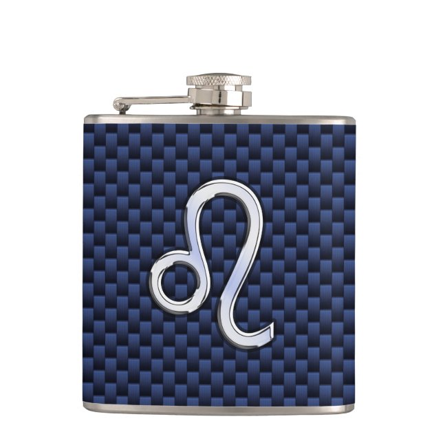Leo Zodiac Symbol auf Navy Blue Carbon Fibre Print Flachmann (Vorderseite)