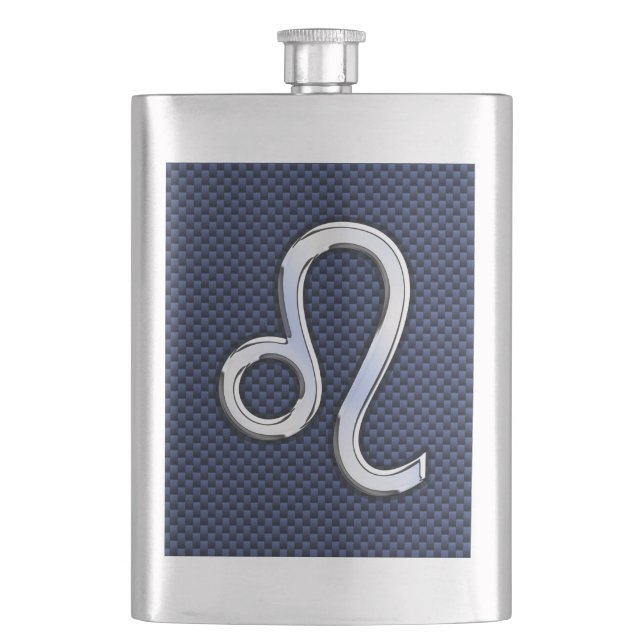 Leo Zodiac Symbol auf Navy Blue Carbon Fibre Print Flachmann (Vorderseite)