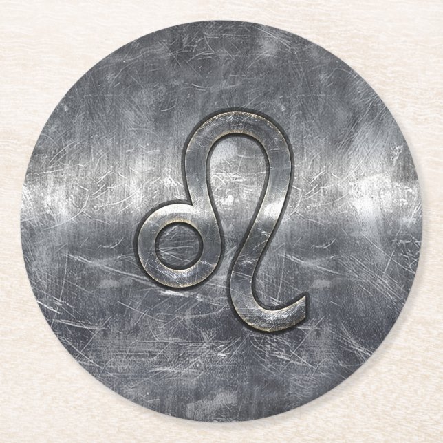 Leo Zodiac Symbol in Grunge Distressed Style Runder Pappuntersetzer (Vorderseite)