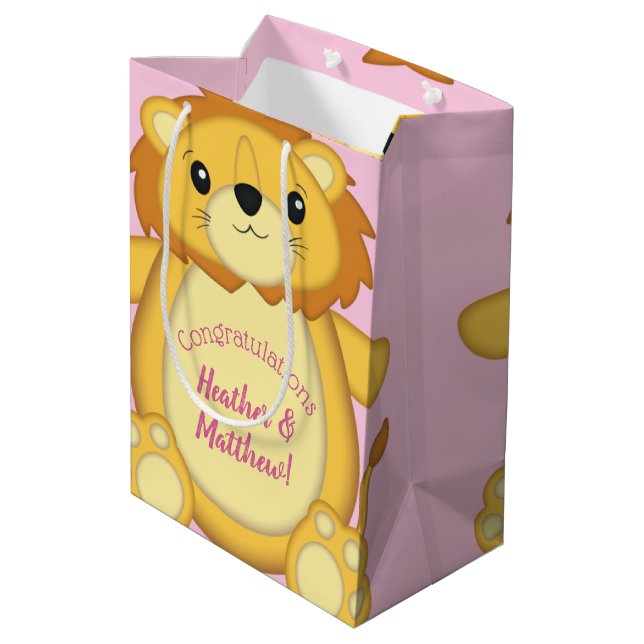 Leon Baby Dusche Pink Mittlere Geschenktüte (Rückseite Schrägansicht)