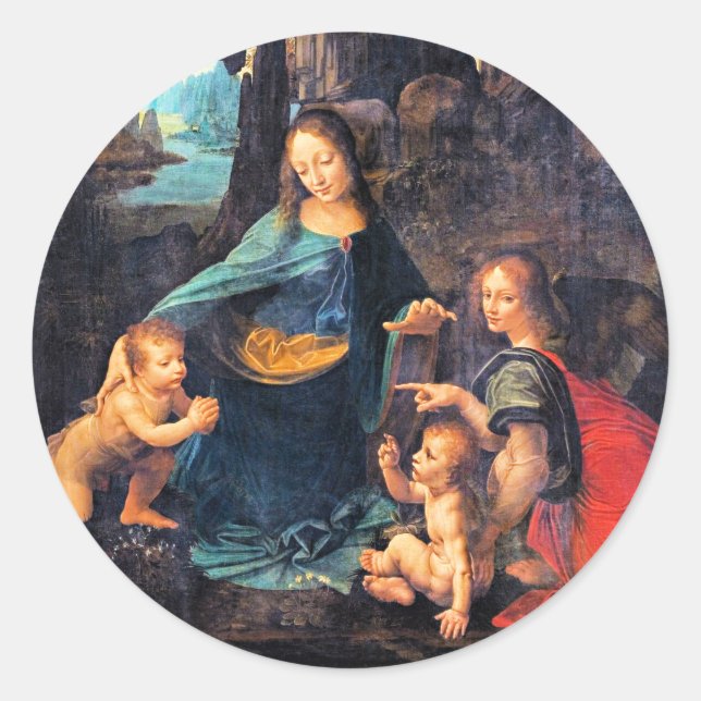 Leonardo da Vinci - Die Jungfrau der Felsen, Runder Aufkleber (Vorderseite)