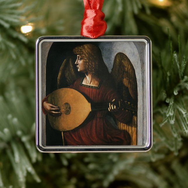 Leonardo da Vinci"s Ein Engel in Rot mit Lute Silbernes Ornament (Baum)