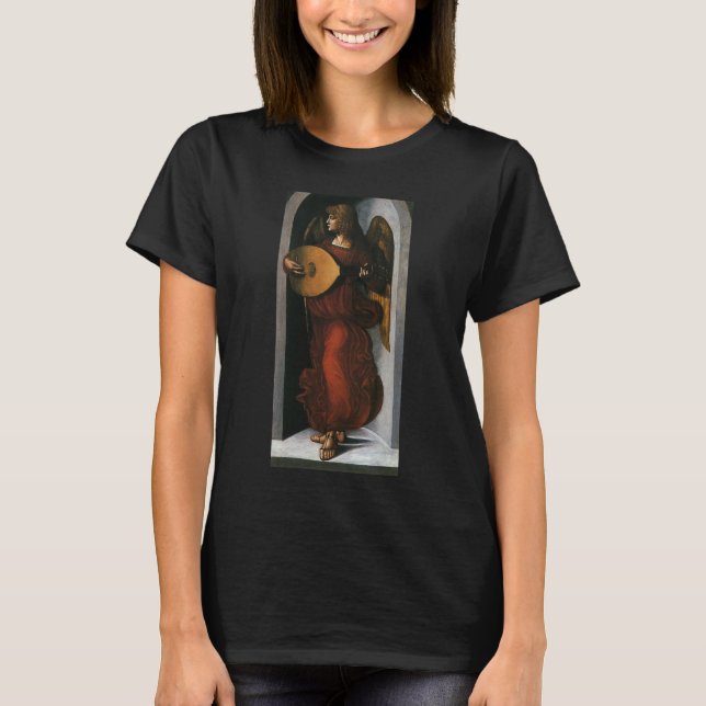 Leonardo da Vinci"s Ein Engel in Rot mit Lute T-Shirt (Vorderseite)