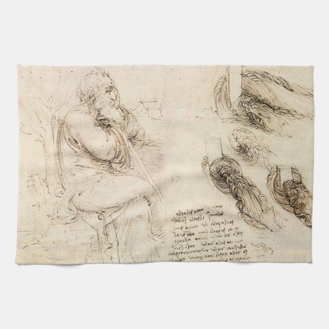 Leonardo da Vincis Alter Mann und Wasserskizze Geschirrtuch (Horizontal)