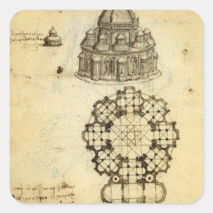 Leonardo da Vincis Architektur-Studie eines Domes Quadratischer Aufkleber