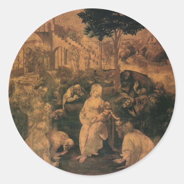 Leonardo da Vincis Die Verehrung der Magi Runder Aufkleber (Vorderseite)