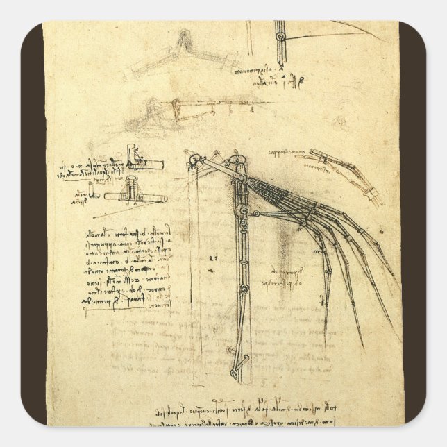 Leonardo da Vincis Flügelmaschinenkizze Quadratischer Aufkleber (Vorderseite)