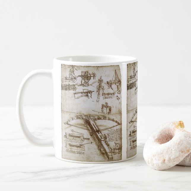 Leonardo da Vincis Giant Crossbow Weapon Sketch Kaffeetasse (Mit Donut)