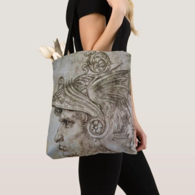 Leonardos behelmter Krieger Tasche (Da Vinci’s Ancient Warrior Sketch Travel Tote Bag, laminated lining extra support. Made in the USA. )