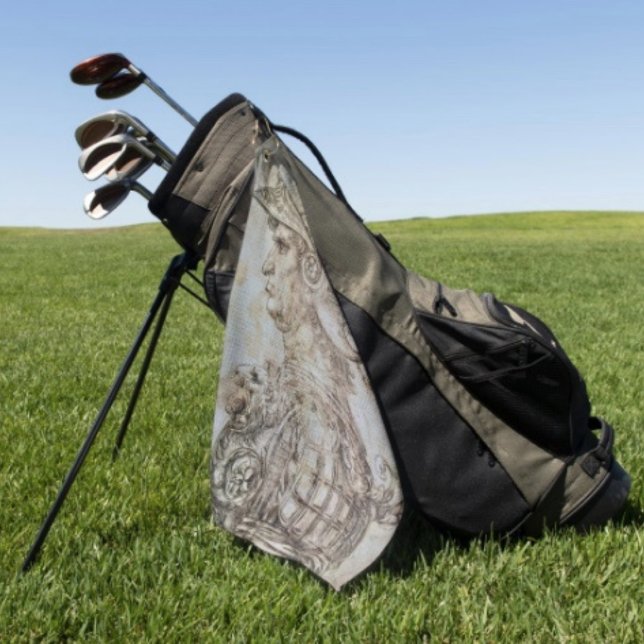Leonardo's Helmeted Warrior Golfhandtuch (Da Vinci’s Warrior Golf Towel  poly blend D: 16" x 24". Grommet brass plated hook. Machine washable.)