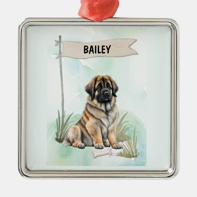 Leonberger Watercolor Personalized Dog Ornament Aus Metall (Vorne)