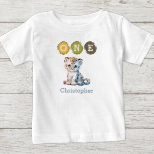 Leopard 1. Geburtstag eins mit Namen blau Baby T-shirt