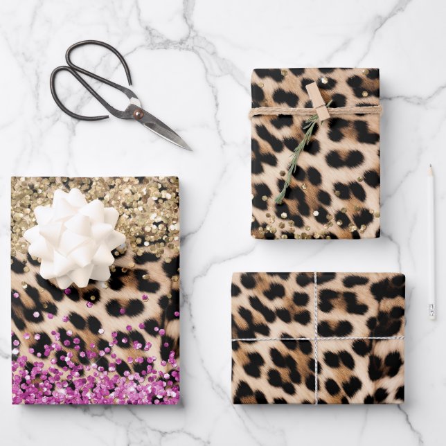 Leopard Animal Gold Girl Pink Glitzy Glitzer Geschenkpapier Set (Vorderseite)