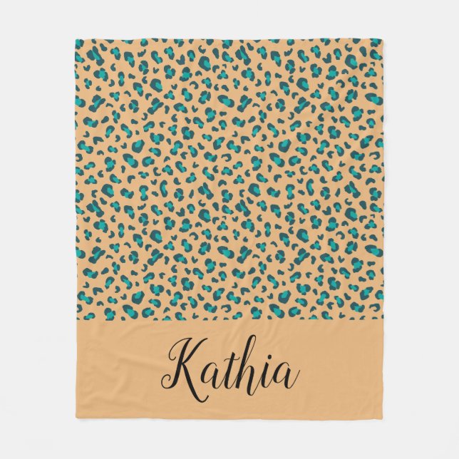 Leopard Animal Print Aquamarin Tan Personalisiert Fleecedecke (Vorderseite)