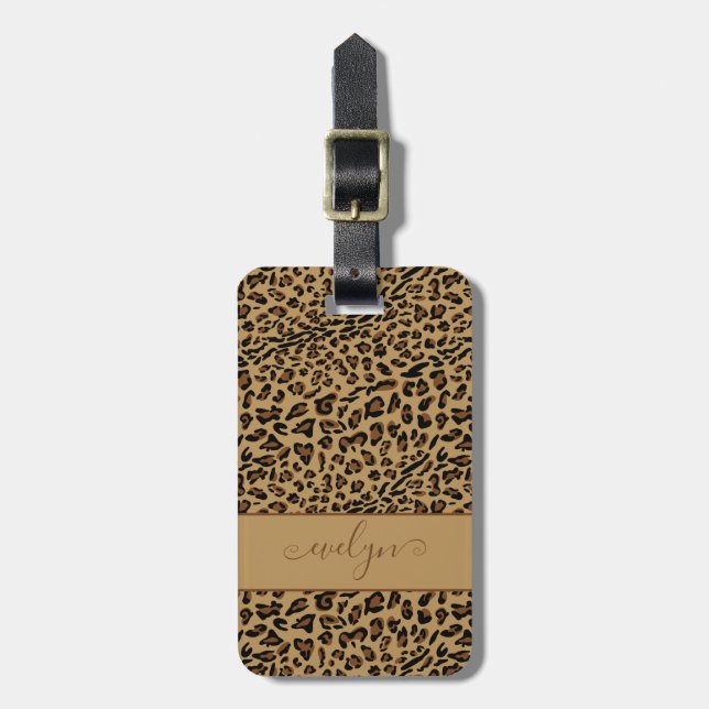 Leopard Animal Print Brown Elegant Script Name Gepäckanhänger (Vorderseite vertikal)