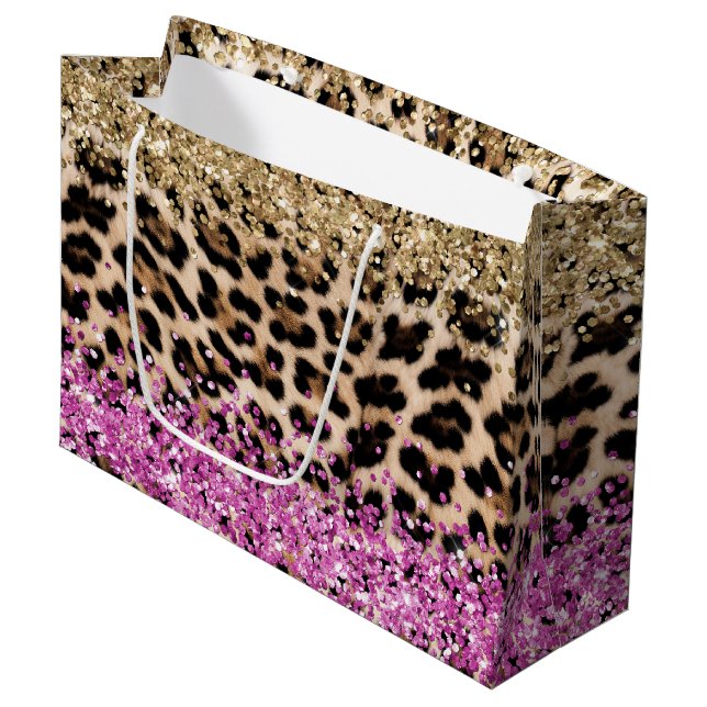 Leopard Animal Print Gold Pink Glitzy Glitzer Große Geschenktüte (Vorderseite Schrägansicht)