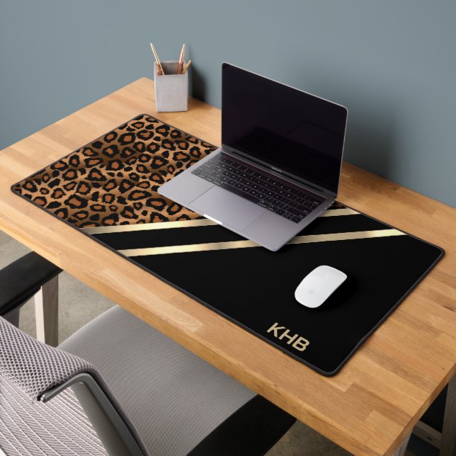 Leopard Animal Print, Gold und Black - Monogram Schreibtischunterlage (Büro 2)