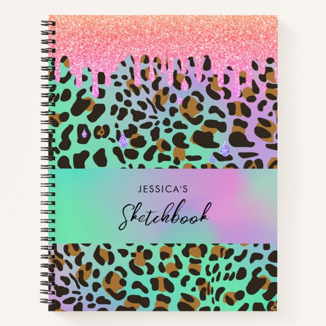 Leopard Animal Print Holographic Glitzer Tropfen Notizbuch (Vorderseite)