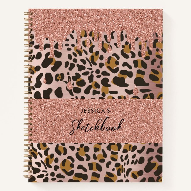 Leopard Animal Print Rose Gold Pink Glitzer Tropfe Notizbuch (Vorderseite)