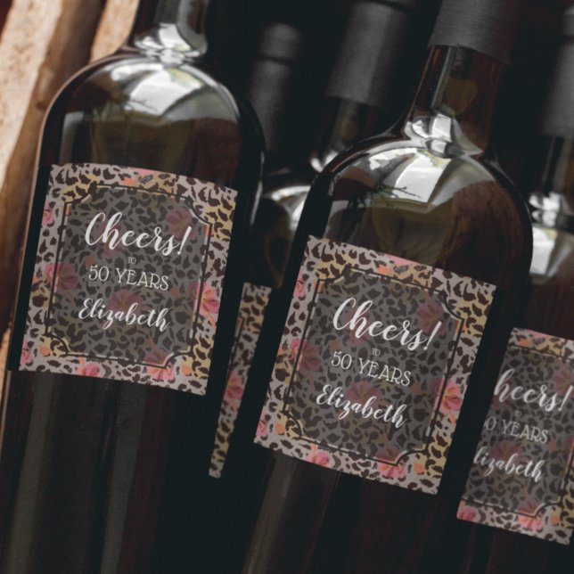 Leopard Animal Print Tropical Pink Floral Weinetikett (Von Creator hochgeladen)