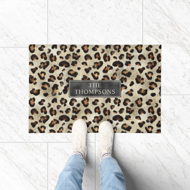 Leopard Animal Print With Black Faux Foil And Name Fußmatte (Indoor)