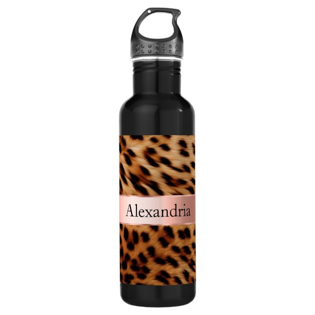 Leopard Animal Rose Rosa Ribbon Name Edelstahlflasche (Vorderseite)