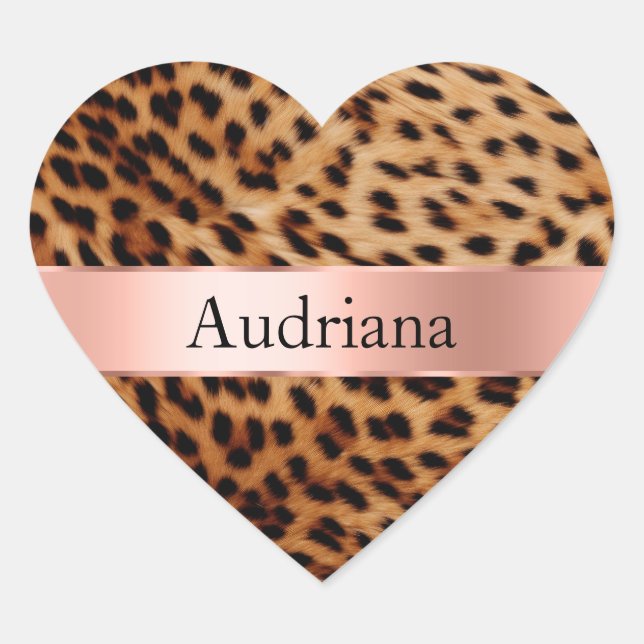 Leopard Animal Rose Rosa Ribbon Name Herz-Aufkleber (Vorderseite)