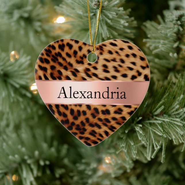 Leopard Animal Rose Rosa Ribbon Name Keramik Ornament (Baum)